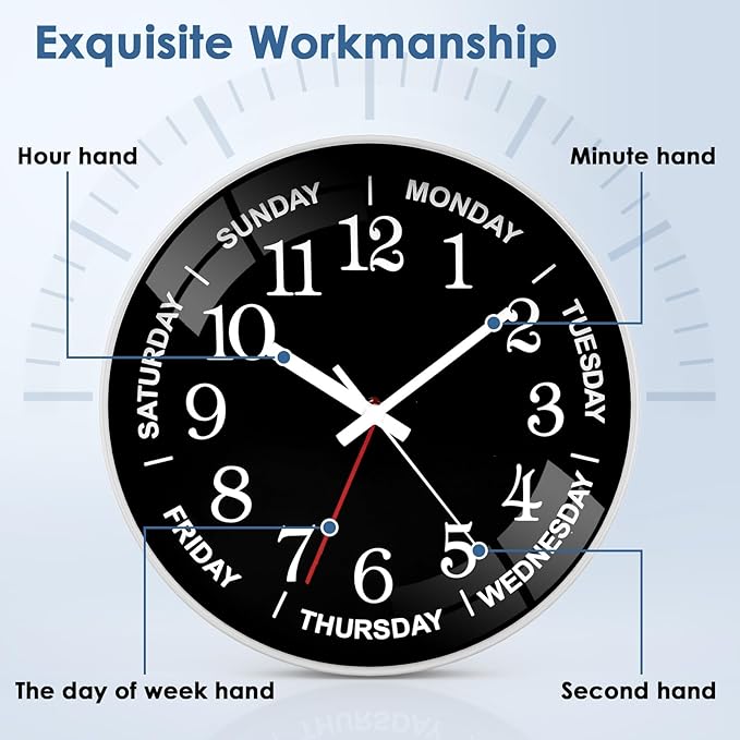 QINFIEY 12 Inch Day of Week Wall Clock, Non Ticking Modern Clocks Battery Operated，Analog Day Clock for Seniors Eldly，Classic for Office Home Classroom Bedroom School,Unique Gift Clock