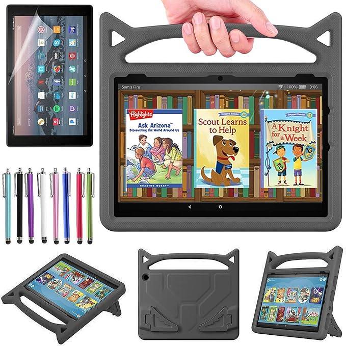 Case for Amazon Fire HD 10 Tablet 10.1" Inch Display (13th Generation, 2023 Released) - Lightweight Shockproof Kickstand Handle Kids Cover Case + 1 Screen Protector and 1 Stylus (Black)