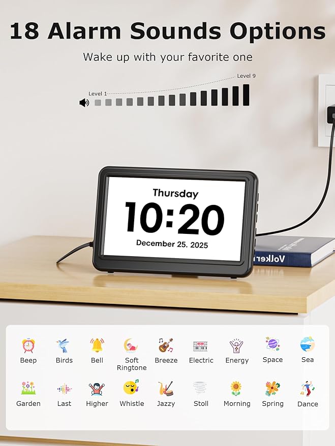 Mesqool Dementia & Alzheimer’s Clock for Seniors – 7" Large HD Display Digital Calendar with Day & Date, 20 Alarms & 20 Medicine Reminders, Memory Loss Support, Black