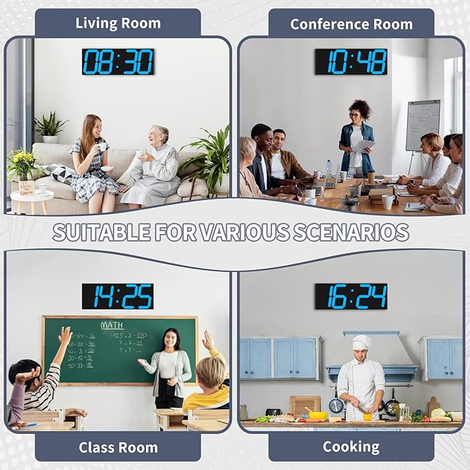 CHKOSDA 18.7in Large Digital Wall Clock,LED Digital Clock with Big Number,Multi-Function Remote Controlled Wall Clock with Timer, Alarm and Calendar Display(Blue)
