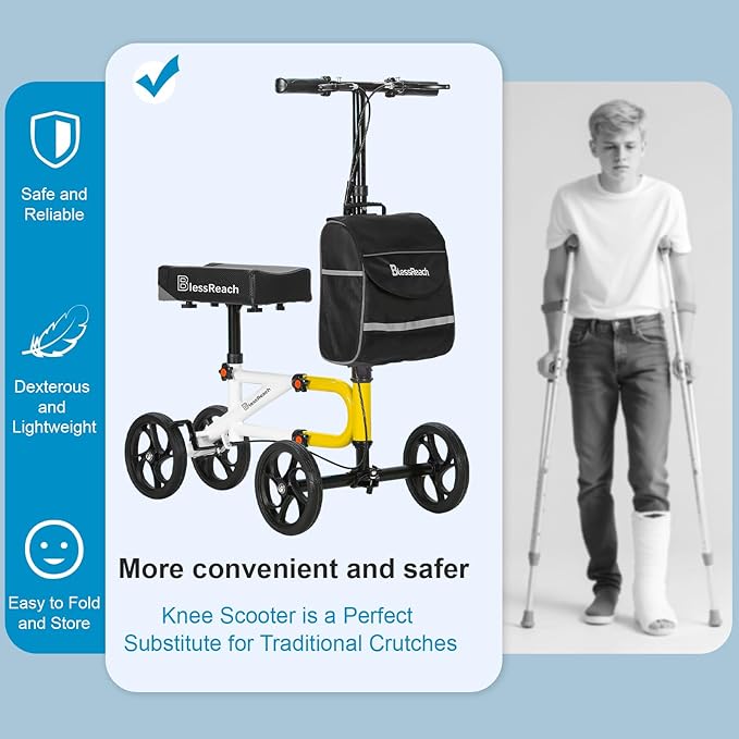 BlessReach Economy Knee Scooter Steerable Knee Walker for Foot Injuries Compact Crutch Alternative with Dual Braking System (Yellow)