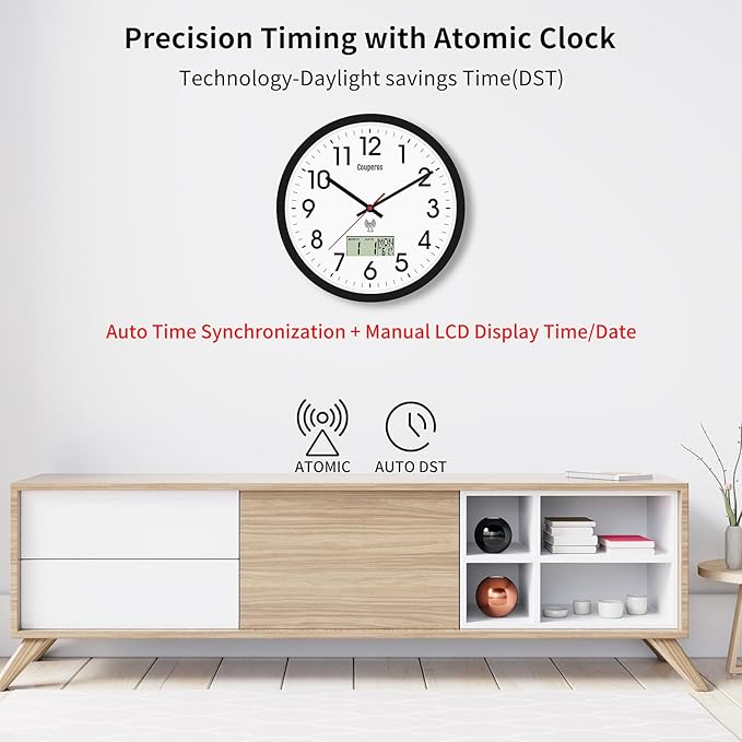Atomic Wall Clock 12 Inch - Auto DST Modern Analog Battery Operated Silent Wall Clock with Temperature & Digital Calendar for Office Bedroom Kitchen, Round Non-Ticking Classroom & Garage Clock (Black)