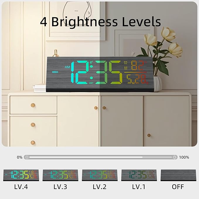 Solid Wood Digital Alarm Clock for Bedroom - 8.8 Inch Large Display, Multicolor Backlight Time Display, Dual Alarms, Date/Temp/Day, DST, Snooze, Black