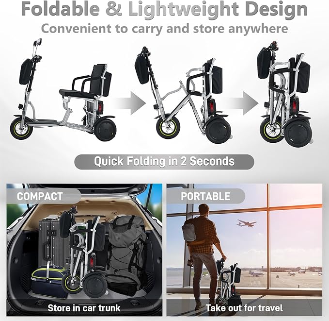 3-Wheel Folding Mobility Scooter Foldable Lightweight Electric Scooter for Adults & Seniors, Detachable Lithium Battery, Long Range 28 Miles, 3-Speed, with Rearview Mirror & Turn Signal (Silver)