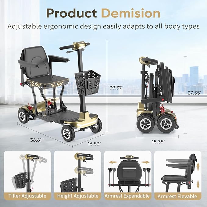 Mobility Scooter for Adults, Seniors - 37.5 lbs Ultra Lightweight Folding Mobility Scooters for Seniors Airport Approved, All Terrain 4 Wheel Motorized Scooter with Storage Bag for Travel, Gold
