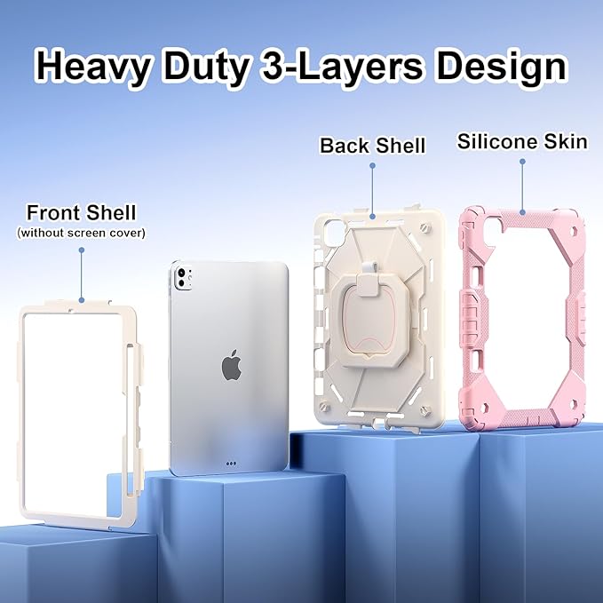 Dteck for iPad Pro 11 inch (M4/M5) 2024/2025 Release Shockproof Case with Shoulder Strap/Stylus Pencil Holder/Rotating Kickstand Handle, Heavy-Duty Sturdy Rugged Cover, Protective Tablet Shell, Pink