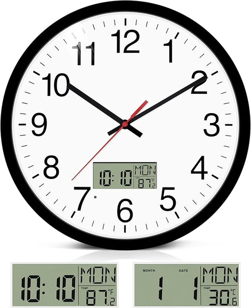 12" Digital Wall Clock with Temp Week Switchable Time and Perprtual Calendar on LCD Display, Silent Battery Operated Analog Clock for Bedroom Classroom Office Garage (Black)