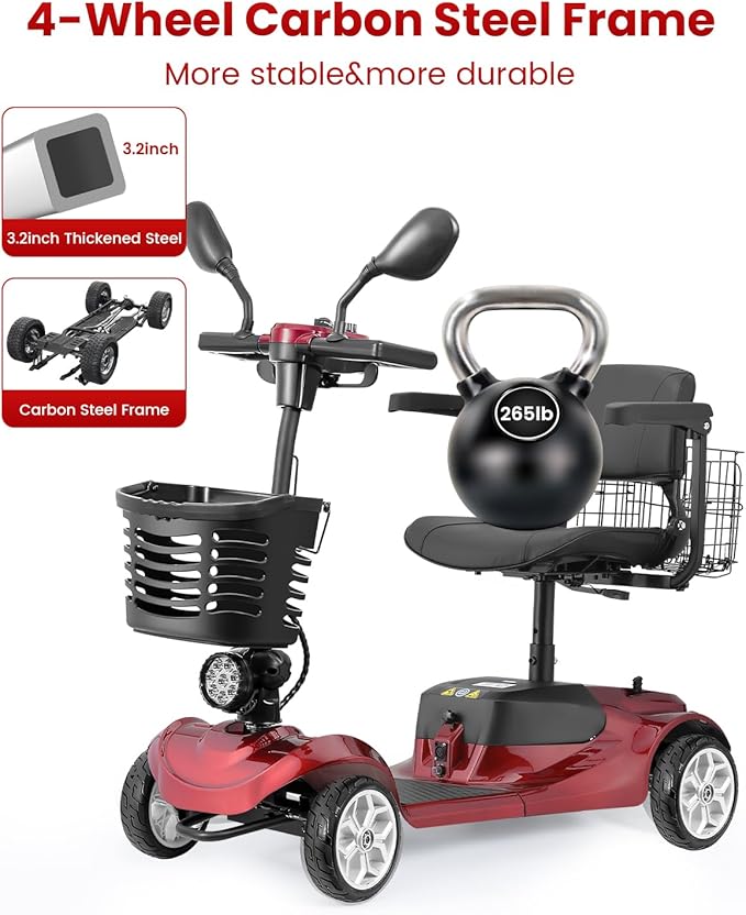 4 Wheel Mobility Scooter for Adults, All-Terrain Portable Electric Scooter, Folding Mobility Scooter with Adjustable Seat, 350W Motor, 12.5 Miles Range, Max Speed 5 Mph (Red)