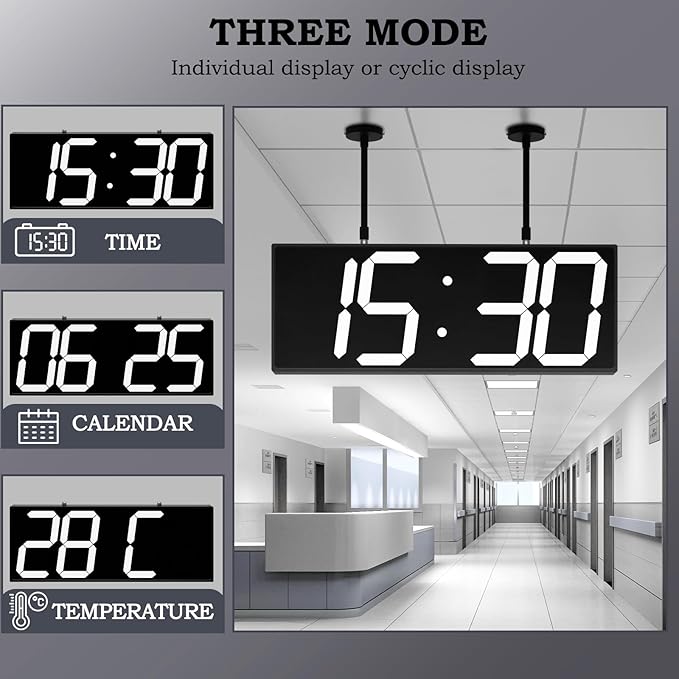 CHKOSDA 19.5'' Large Digital Wall Clock with Double Sided Display,Multi-Functional LED Hanging Digital Clock with Adjustable Brightness,Suitable for Offices, Warehouses, Corridors (White)
