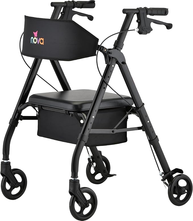 NOVA Star 6 Foldable Rollator Walker for Seniors, Wide Padded Backrest with Seat, 6” All-Terrain Wheels, Easy-Grip Locking Hand Brakes, Height Adjustable, Black