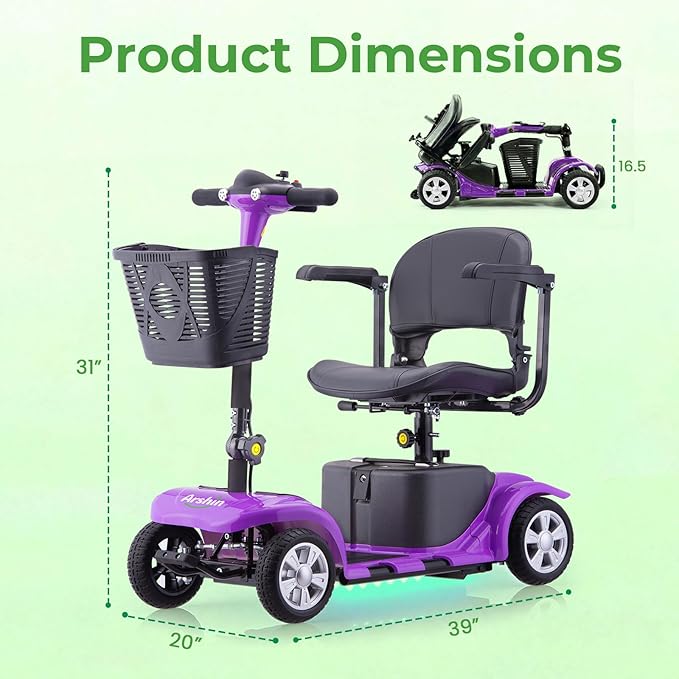 Mobility Scooter for Adults, 4 Wheels Lightweight Scooter, Foldable Mobility Scooter Long Range for Travel, Adults, Elderly, Supports 300 lbs, Powered Wheelchair with Charger & Basket (Purple)