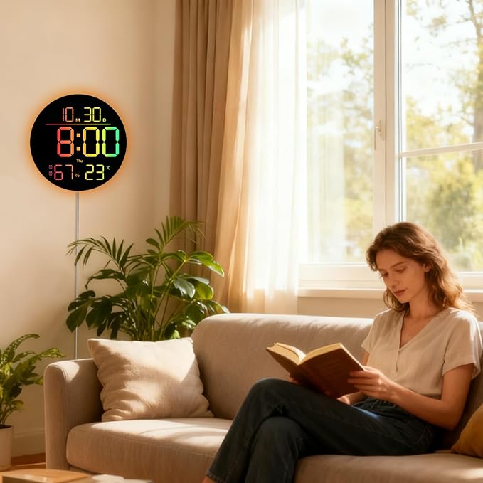 10-Inch RGB LED Digital Wall Clock with Temperature, Humidity, and Date Display｜Dual Alarms, Countdown Timer, 11 Backlight Colors, Auto Brightness, Silent Operation｜Modern Decor for Home&Office