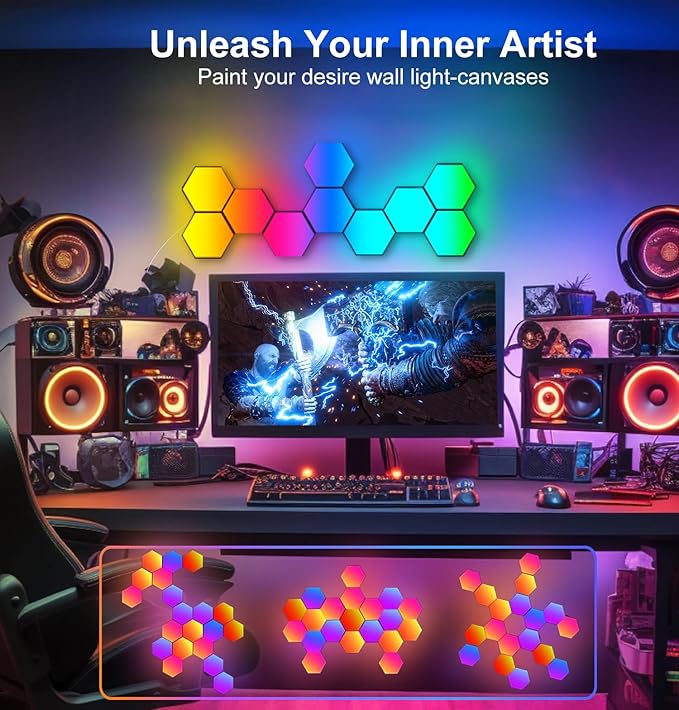 Hexagon LED Lights for Gaming Room 14 DIY Panels Voice App Control Music Sync Wall Decor