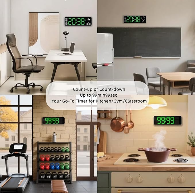 Large LED Digital Wall Clock with Alarm Timer - Auto Dimming Clock with Temperature, Weather and Calendar, Remote Control, Classroom Décor, for Bedroom, Office, Living Room (Green)