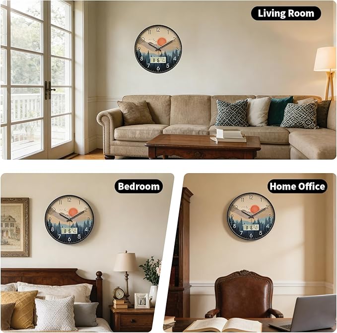 14'' Silent Non-Ticking Wall Clock, Mid-Century Modern Wilderness Sunset, Battery Operated Analog with LCD Date Day Temp Display, for Living Room Home Office Bedroom Garage Farmhouse Decor