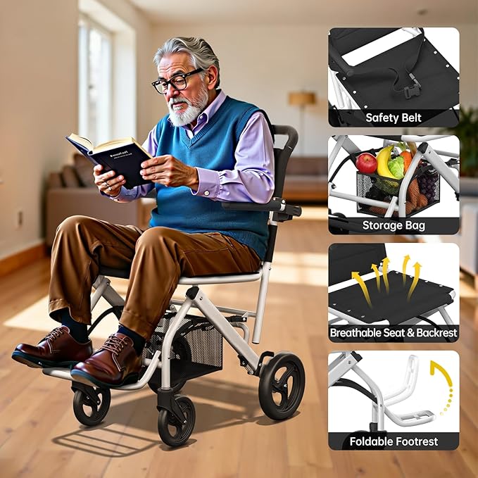 18lbs Ultra-Lightweight Wheelchair, Foldable Transport Wheelchair for Seniors & Adults with Handbrake, Easy Portable Travel Wheel Chair with Padded Seat & Storage Bag, Supports 220lbs No Installation