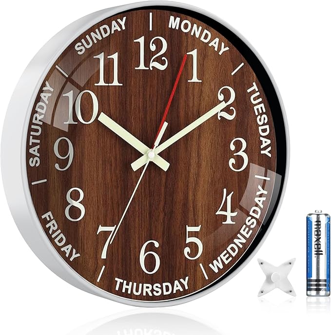 QINFIEY 12 Inch Day of Week Wall Clock, Non Ticking Modern Clocks Battery Operated，Analog Day Clock for Seniors Eldly，Classic for Office Home Classroom School Living Room,Unique Gift Clock(Brown)