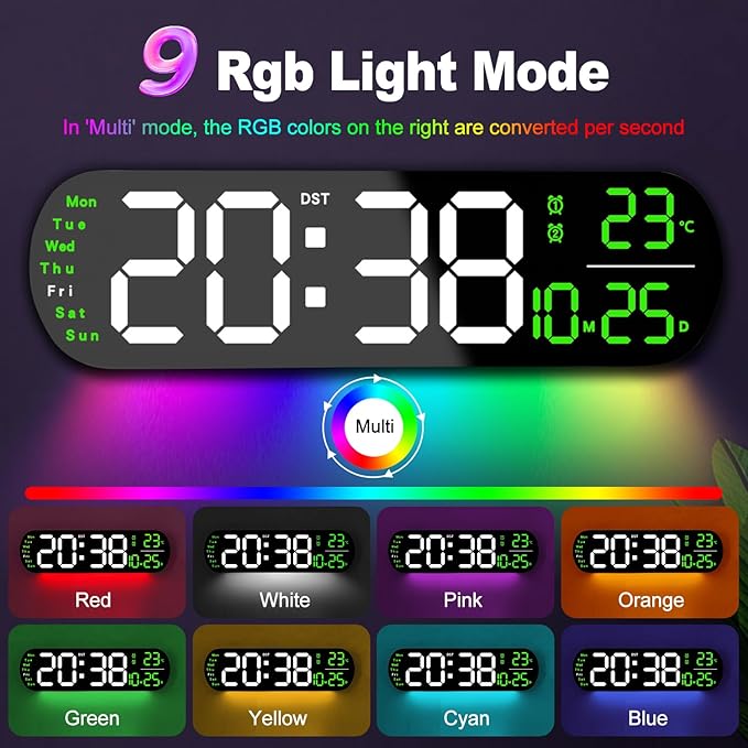 13.7" Large Digital Wall Clock – Remote Control, Dual Alarm, Big LED Display, Auto-Dimming, RGB Night Light, Auto DST – Bedroom, Living Room, Office, Purple,Green