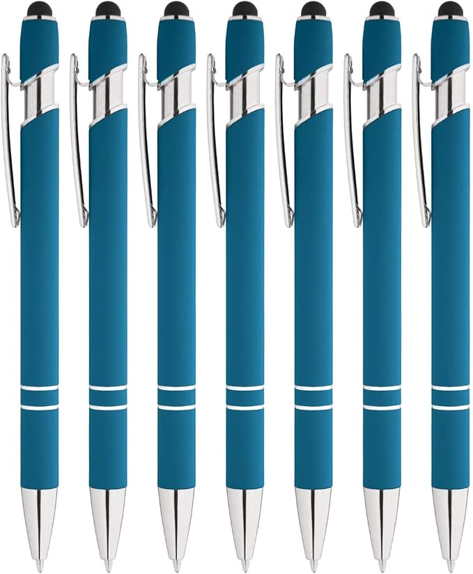 Express Pencils Rainbow Rubberized Soft Touch Ballpoint Pen with Stylus Tip is a stylish, premium metal pen, black ink, medium point. Box of 7 (LIGHT BLUE)