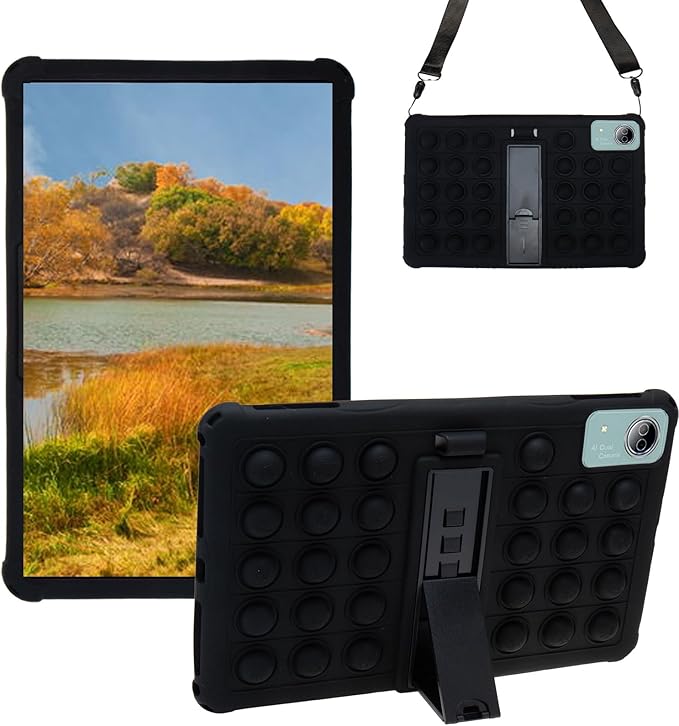 Silicone Tablet Case for DOOGEE T20 Ultra/T40 Pro,Built-in Adjustable Stand and Shoulder Strap Stylus Pen Compatible with Headwolf HPad6 Pro 12 inch Black