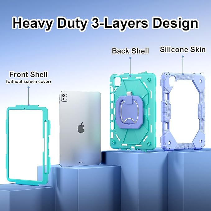 Dteck for iPad Pro 11 inch (M4/M5) 2024/2025 Release Shockproof Case with Shoulder Strap/Pencil Holder/Rotating Kickstand Handle, Heavy-Duty Sturdy Rugged Cover, Protective Tablet Shell, Purple Mint