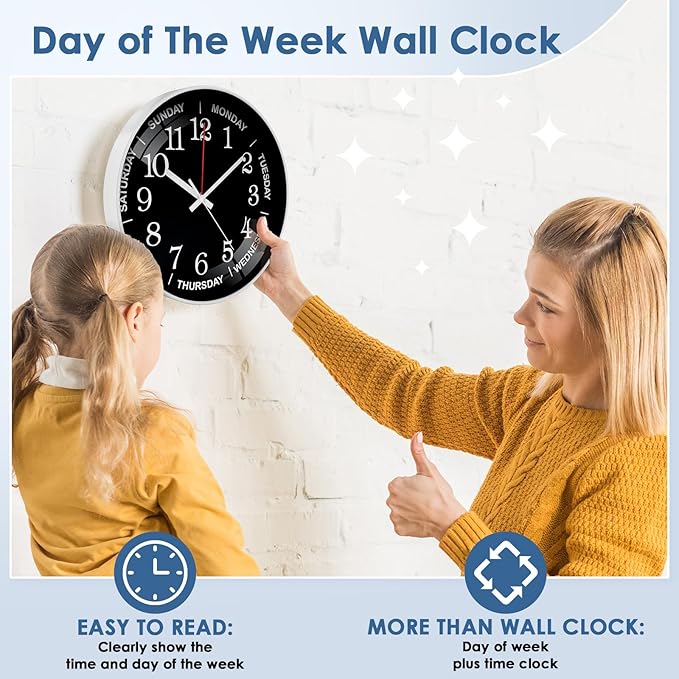 QINFIEY 12 Inch Day of Week Wall Clock, Non Ticking Modern Clocks Battery Operated，Analog Day Clock for Seniors Eldly，Classic for Office Home Classroom Bedroom School,Unique Gift Clock