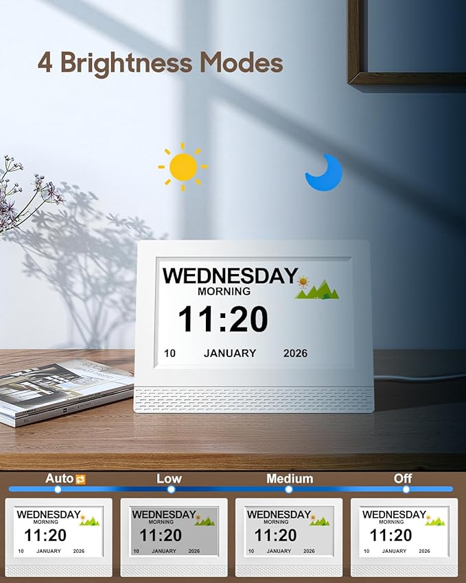 Clock with Day and Date for Elderly, 7" Display Digital Calendar Day Clock with 21 Custom Alarms and Medicine Reminders, 17 Display Modes, Dimmable Dementia Alzheimers Clocks for Seniors