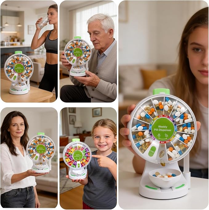 14-Day Standing & Wall-Mounted Pill Dispenser, Easy to Use for Seniors & Arthritis, Push Button Medication Organizer with Large Compartments for Fish Oil/Medicine/Vitamin/Supplements, Green