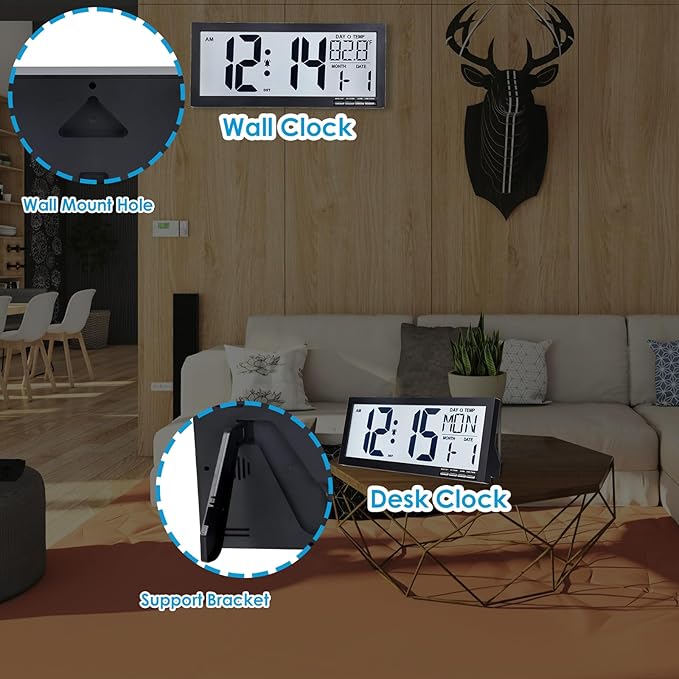 16 Inch Large Digital Wall Clock with Big Easy Read Numbers, Auto DST & Temperature, Jumbo Display with Date & Weekday, Simple Set, Battery Operated, for Living Room Office Classroom Gym or Seniors