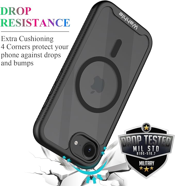 wahhle Compatible with iPhone 16e Case, Magnetic Built in Screen Protector Full Body Shockproof Slim Fit Bumper Protective Phone Cover Men Women 6.1“-Black/Clear
