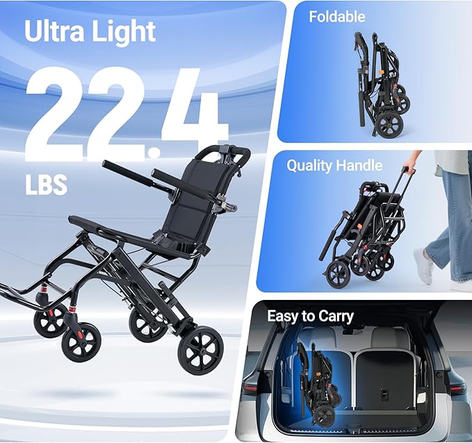 22lbs Ultra Lightweight Folding Transport Wheelchair for Adults & Seniors, Portable Travel Wheelchair with Telescopic Handle (Black)