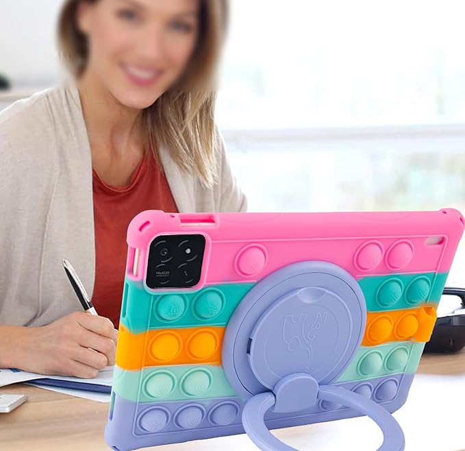 Silicone Tablet Case 360 Rotating Kickstand/Handle and Shoulder Strap Stylus Pen Lightweight Soft Cover Compatible with Xiaomi Pad 7/7 Pro 11.2 inch Rainbow