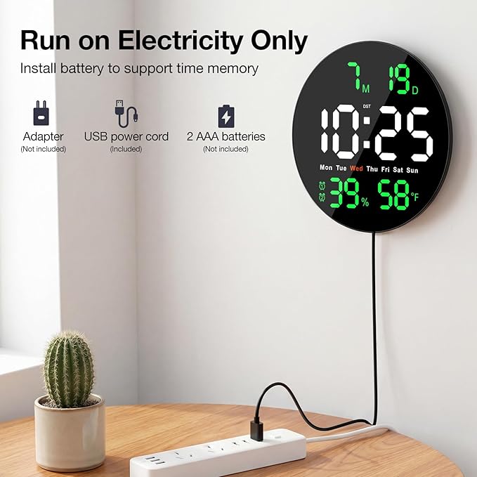 Large Digital Clock for Classroom, Digital Classroom Clocks for Teachers, 10" Round LED Clock with Large Display，Date, Countdown Timer, Remote Control, Temperature, Electric (Green)