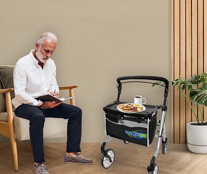 HEALTHLINE Rollator Walker for Seniors - Lightweight 4 Wheel Eldery Walker Heavy Duty - Rollator Walkers for Seniors with Basket & Tray - Narrow Doors Indoor Rollator White Color