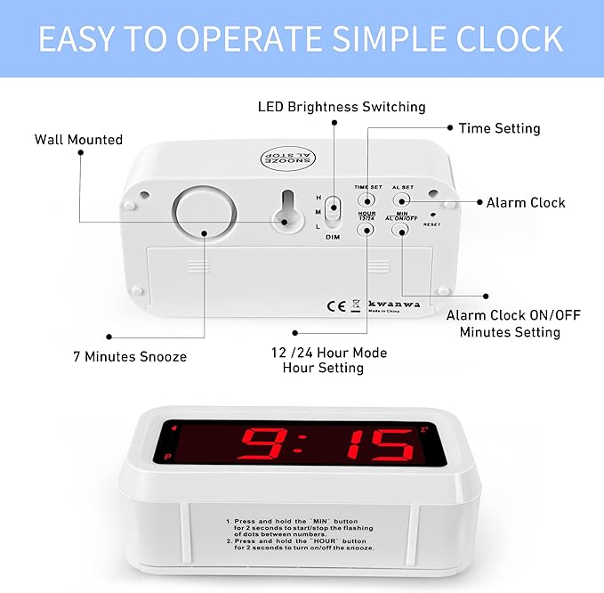 Alarm Clock, Digital Clock, Auto Night-Mode, 3-Level Led Brightness, Battery Powered, 12/24Hr, 1.2'' Red Digits Display, Simple Alarm Clock for Kids Adults Girls Boys, Easy to Set, Easy to Read