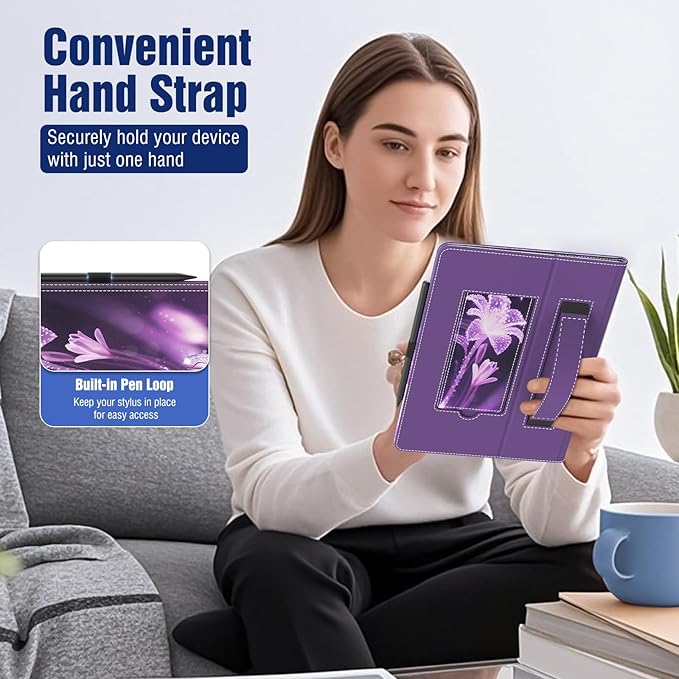 TiMOVO Universal Case for 10.1 Inch Android Tablet with Pen Loop, Lightweight Folding Stand Cover with Hand Strap for All 9.6"-11" Touchscreen Tablet, Flowers on Purple