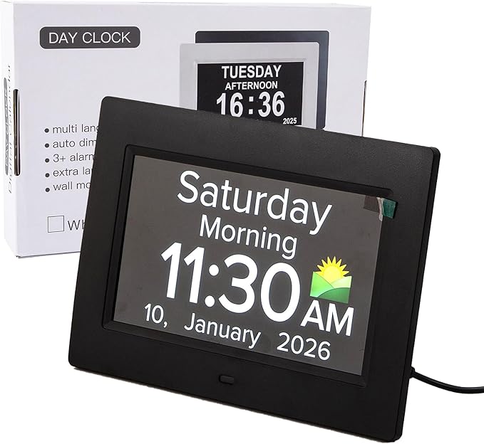 Digital Dementia Clocks for Seniors - 7" Large Display Calendar Clock with Day & Date for Elderly, Auto DST | 20 Alarm Reminders, Essential Alzheimers Clock & Gift for People with Memory Loss