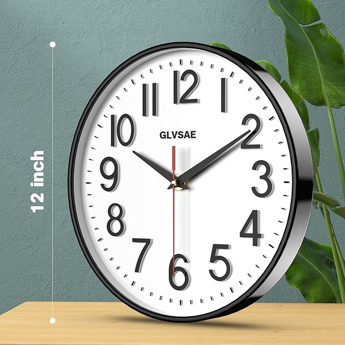 GLVSAE Wall Clock 12 Inches Non-Ticking Wall Clocks Battery Operated Large Easy to Read with Stereoscopic Dial Ultra-Quiet Movement Quartz for Office Classroom School Home Bedroom Kitchen