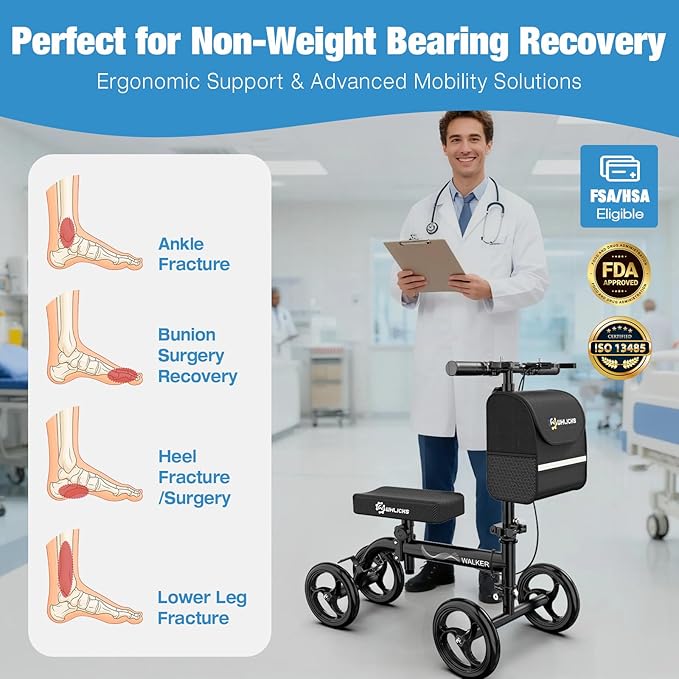 WHLICKS Premium Knee Scooter for Adults for Foot Surgery, Foldable & Steerable Knee Walker with Dual Brakes, Medical Knee Scooter for Broken Foot Injured, Lightweight Leg Scooter for Broken Ankle