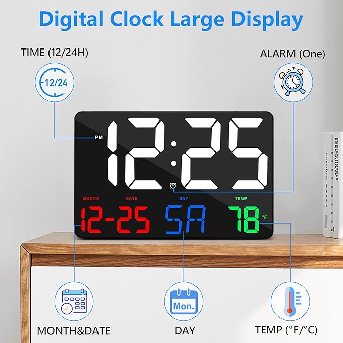 Digital Wall Clock,11.5" LED Digital Alarm Clock Large Display,with Remote Control,Adjustable Brightness, Calendar, Temperature, Snooze, 12/24 H, for Living Room, Office, Bedroom, Elderly, Adults Set