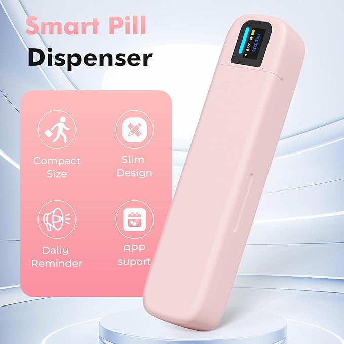 Smart Pill Dispenser with Alarm & Bluetooth, 7-Day Once-Daily Organizer & Travel Case, App-Controlled Medicine/Supplement/Vitamin Reminder, Portable Weekly Pill Box (Pink)