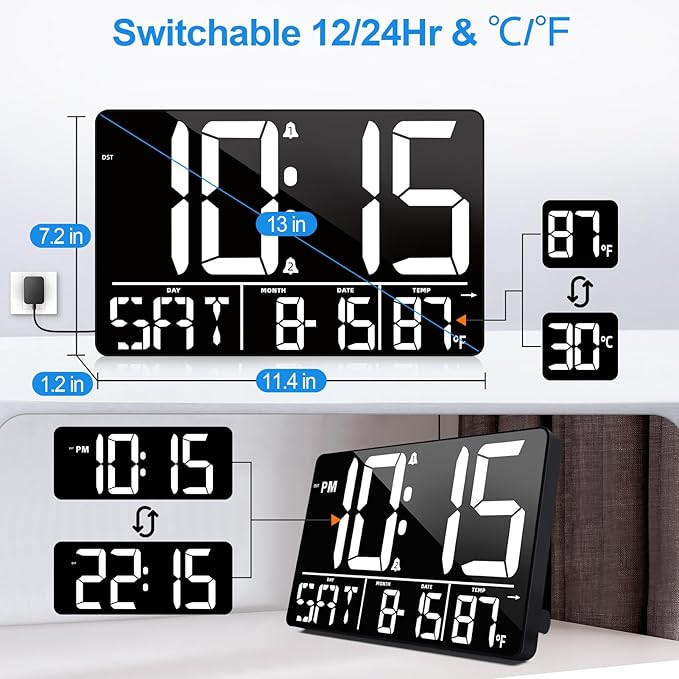 PERSUPER 13" Digital Wall Clock Large Display with Remote, 25 Ringtones, Temperature, Calendar, 0-100% Auto or Custom Brightness, 12/24H, DST, Timer, for Living Room, Kitchen, Bedroom, Office, Elderly