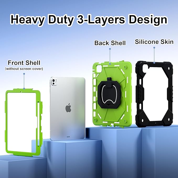 Dteck for iPad Pro 11 inch (M4/M5) 2024/2025 Release Shockproof Case with Shoulder Strap/Pencil Holder/Rotating Kickstand Handle, Heavy-Duty Sturdy Rugged Cover, Protective Tablet Shell, Black Green