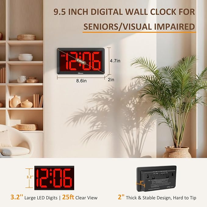 Soobest 9.5 Inch Large Digital Wall Clock Battery Operated, Auto & Manual Dimmer Display, Easy to Read Big Digits with Alarm for Seniors, Modern Decor for Living Room, Bedroom, Office (3.2" Numbers)