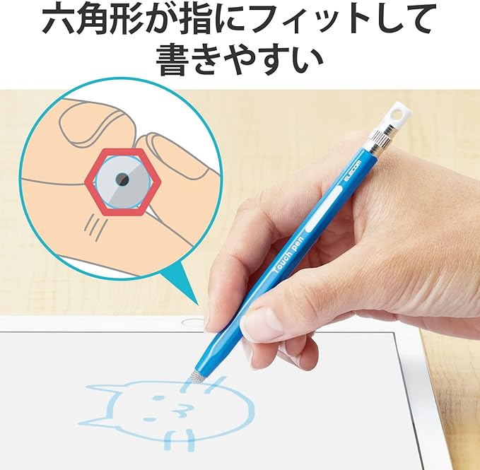Elecom P-TPENSEBU Stylus Pen, Hexagonal Pencil Type, For Kids, With Strap Hole, Conductive Fiber Type, Compatible with Smartphones and Tablets, Replaceable Nibs, Blue