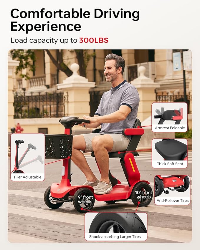 40 Miles Powered Folding Mobility Scooter S3, Two Detachable Battery Foldable Electric Scooter with AI Safety System for Seniors Adults, 300 lbs Load Capacity, 6 MPH Speed, All Terrain