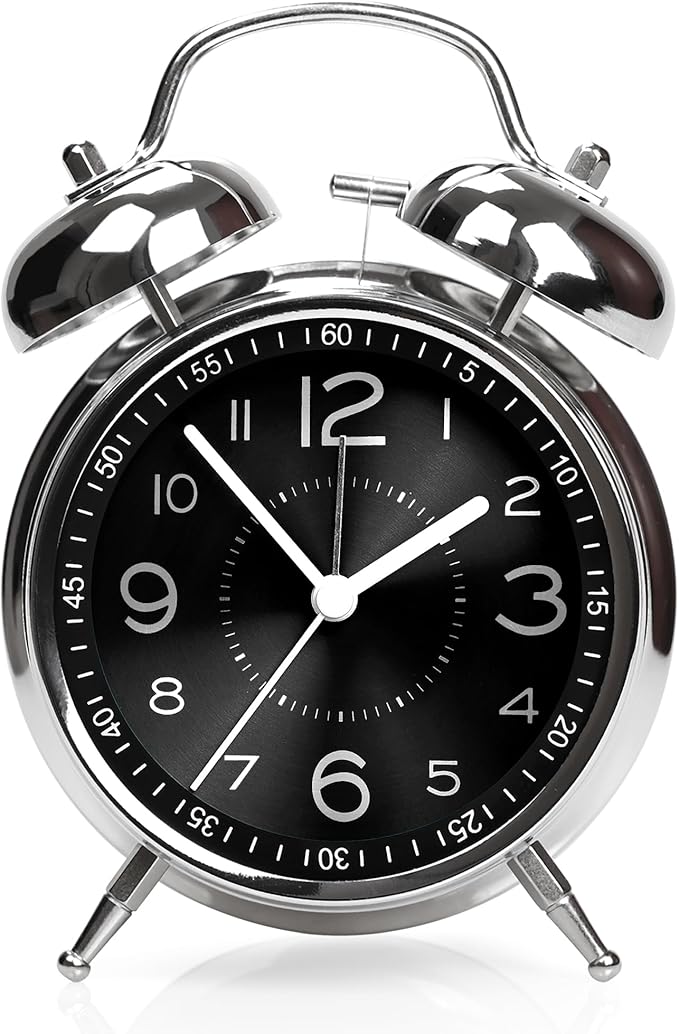 AYRELY Super Loud Alarm Clock for Heavy Sleepers Adults,Twin Bell Retro 4 Inch Silent Non-Ticking Quartz with Backlight, Metal dial, Alarm Clocks for Bedrooms Bedside (Black)