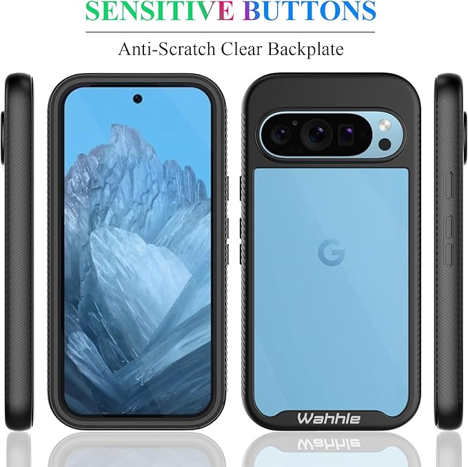 wahhle Compatible with Google Pixel 9/9 Pro Case, Built in Screen Protector Full Body Shockproof Slim Fit Bumper Protective Phone Cover for Men Women-Black/Clear