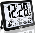 Atomic Digital Wall Clock Battery Operated with Backlight, Desk Clocks with Indoor Temperature & Humidity, 8.5" Small Alarm Clock with Date and Day of Week for Bedrooms, Living Room, Auto DST, Black