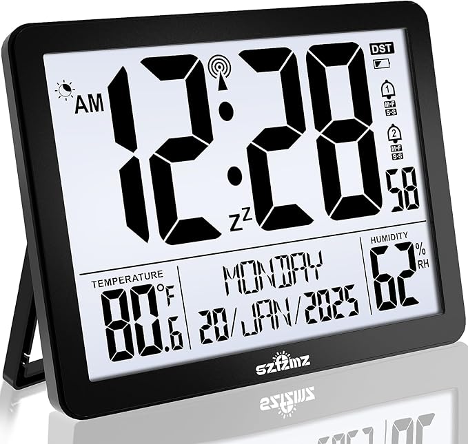 Atomic Digital Wall Clock Battery Operated with Backlight, Desk Clocks with Indoor Temperature & Humidity, 8.5" Small Alarm Clock with Date and Day of Week for Bedrooms, Living Room, Auto DST, Black
